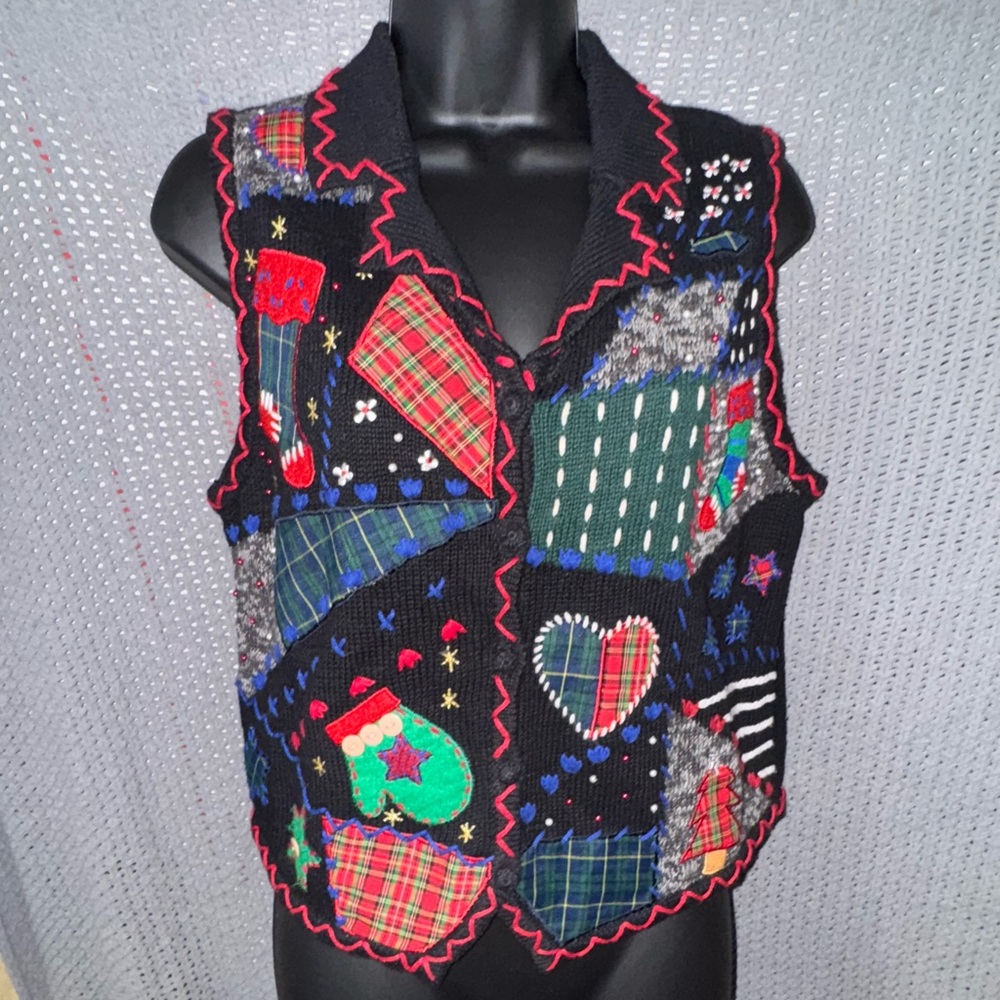 Vintage Designers Originals STUDIO Christmas Sweater Vest Stockings Patchwork Sm
